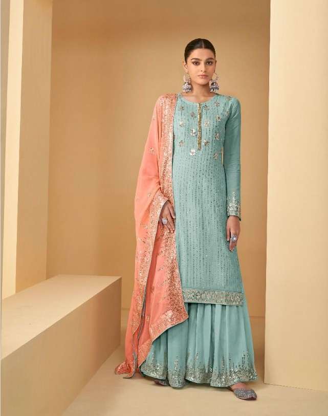 READY TO WEAR DESIGNER FANCY PARTY WEAR SHARARA PALAZZO STYLE GEORGETTE SALWAR SUIT GULKARIYA JHILMIL 7174 A