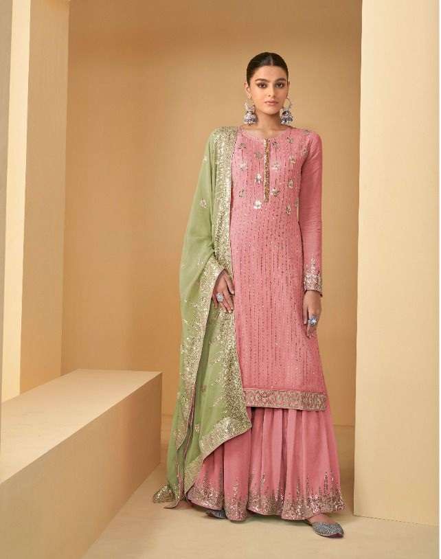 READY TO WEAR DESIGNER FANCY PARTY WEAR SHARARA PALAZZO STYLE GEORGETTE SALWAR SUIT GULKARIYA JHILMIL 7174 B