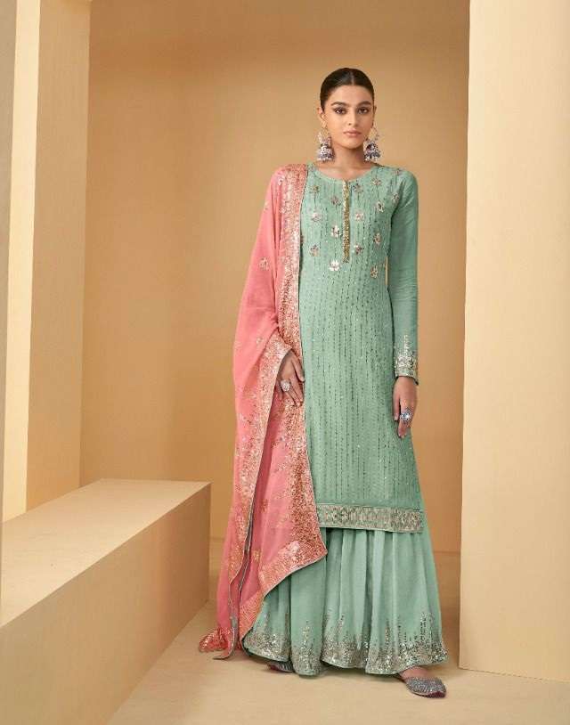 READY TO WEAR DESIGNER FANCY PARTY WEAR SHARARA PALAZZO STYLE GEORGETTE SALWAR SUIT GULKARIYA JHILMIL 7174 D