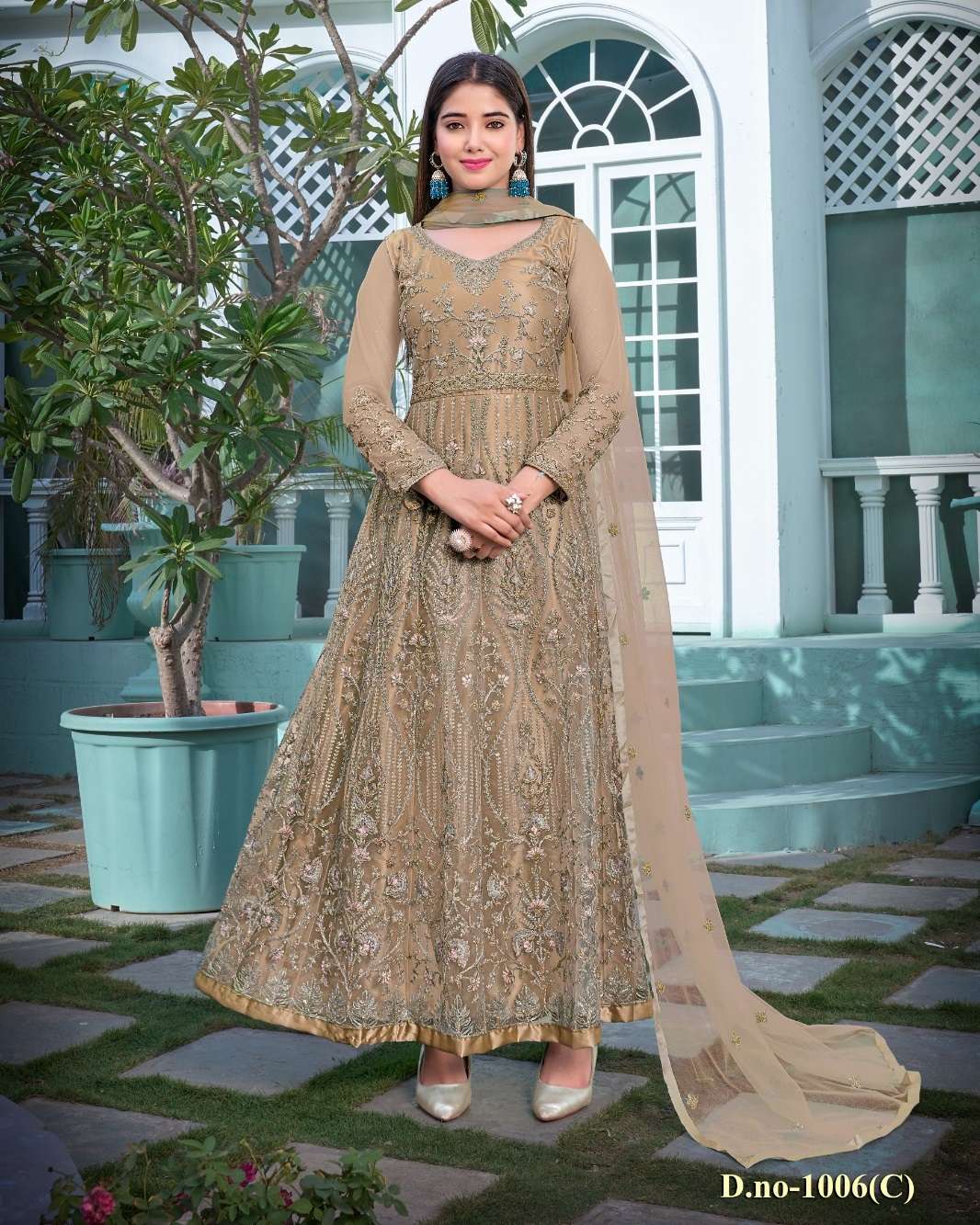 DESIGNER FANCY CHIKU LONG ANARKALI GOWN SALWAR SUIT FOR WEDDING PARTY WEAR IN BUTTERFLY NET FABRIC SABAH AFSANA 1006C