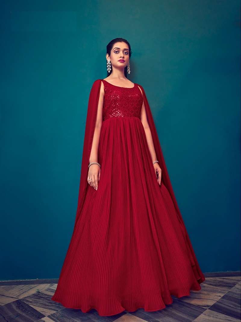 DESIGNER FANCY LONG ANARKALI GEORGETTE READY MADE RED GOWN EXCLUSIVE FOR PARTY WEAR KF FLORY 4962