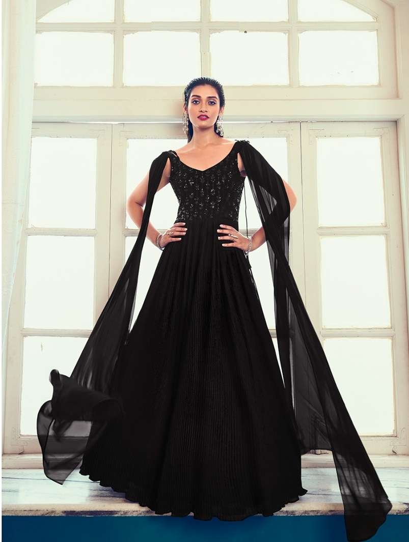 DESIGNER FANCY LONG ANARKALI GEORGETTE READY MADE BLACK GOWN EXCLUSIVE FOR PARTY WEAR KF FLORY 4963