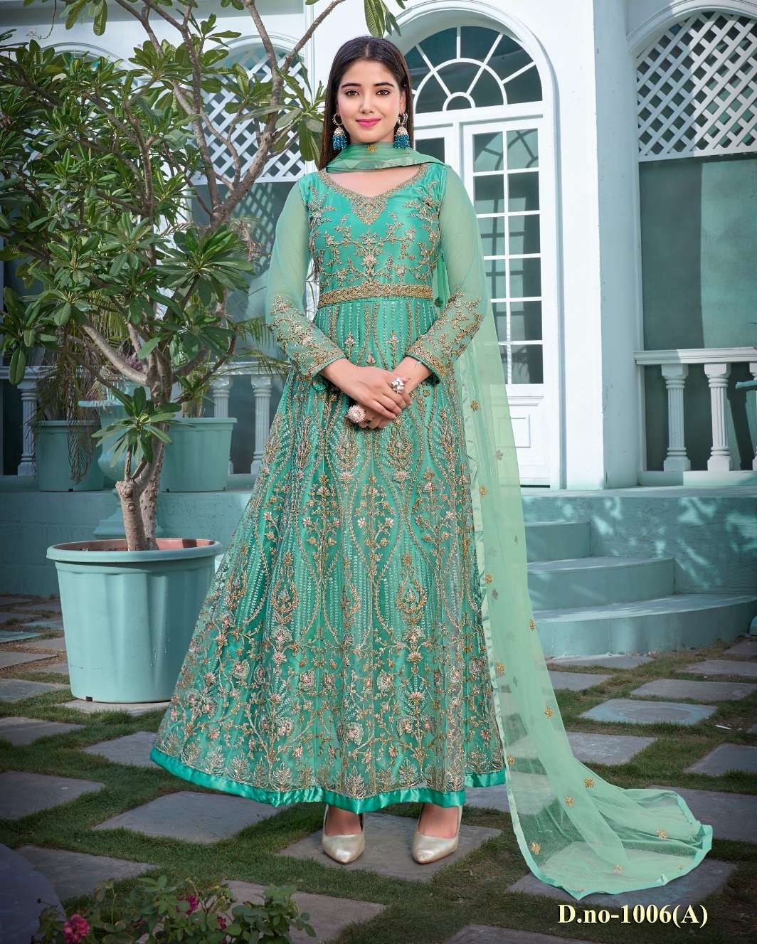 DESIGNER FANCY LONG ANARKALI GREEN GOWN SALWAR SUIT FOR WEDDING PARTY WEAR IN BUTTERFLY NET FABRIC SABAH AFSANA 1006B