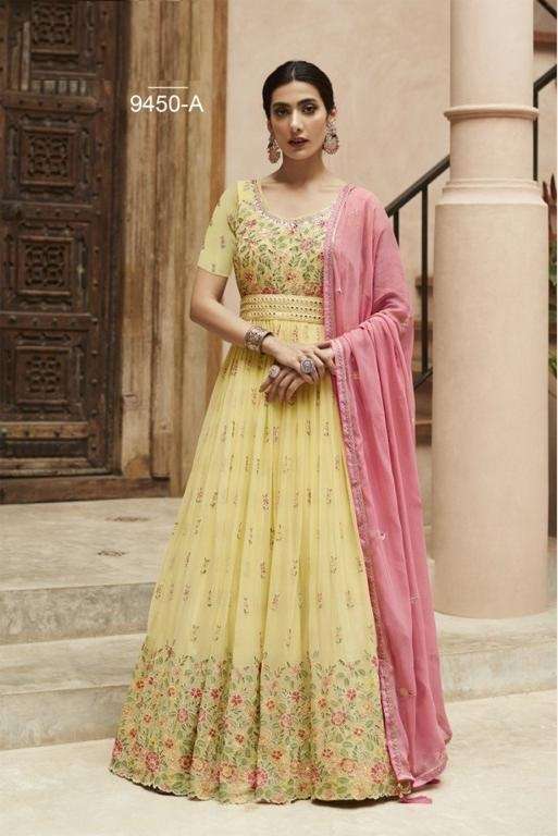 DESIGNER FANCY LONG ANARKALI YELLOW GEORGETTE SALWAR SUIT GOWN EXCLUSIVE FOR PARTY WEAR JG 9450A