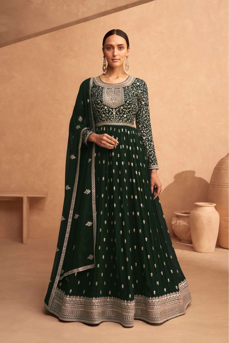 DESIGNER FANCY LONG GREEN ANARKALI GEORGETTE SALWAR SUIT GOWN EXCLUSIVE FOR PARTY WEAR JG 9486C