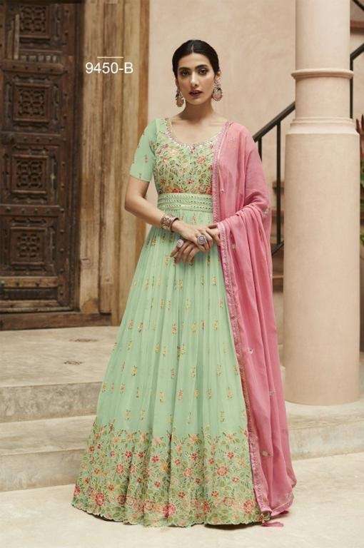 DESIGNER FANCY LONG GREEN ANARKALI GEORGETTE SALWAR SUIT GOWN EXCLUSIVE FOR PARTY WEAR JG 9450B