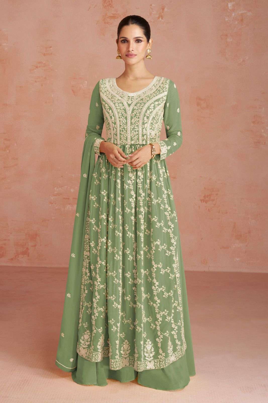 DESIGNER FANCY LONG GREEN ANARKALI GEORGETTE SILK SALWAR SUIT GOWN EXCLUSIVE FOR PARTY WEAR AF INAYA 9624