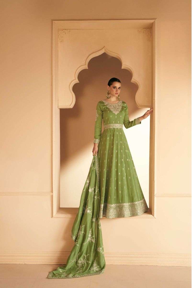 DESIGNER FANCY LONG GREEN ANARKALI PREMIUM SILK SALWAR SUIT GOWN EXCLUSIVE FOR PARTY WEAR AF SAFAR 9640