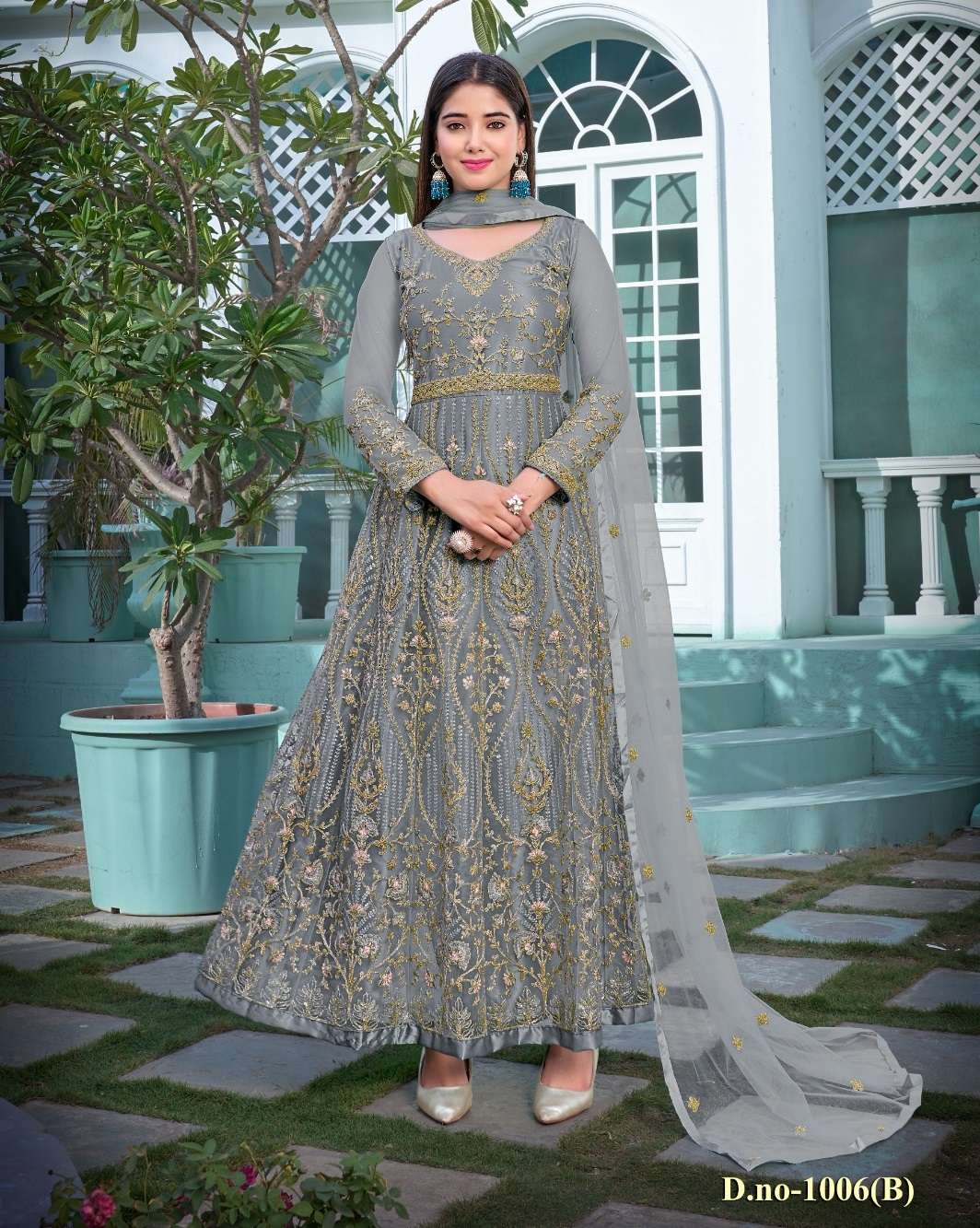 DESIGNER FANCY LONG GREY ANARKALI GOWN SALWAR SUIT FOR WEDDING PARTY WEAR IN BUTTERFLY NET FABRIC SABAH AFSANA 1006B