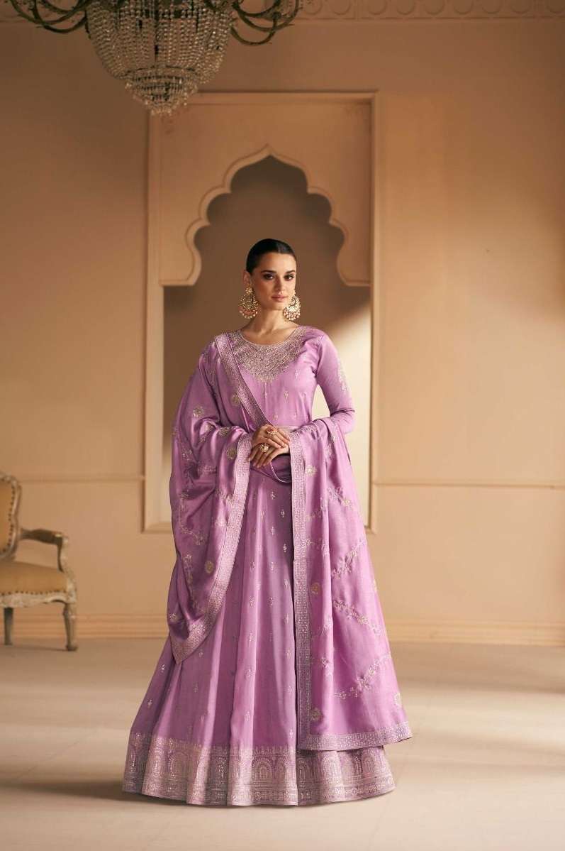 DESIGNER FANCY LONG LAVENDER ANARKALI PREMIUM SILK SALWAR SUIT GOWN EXCLUSIVE FOR PARTY WEAR AF SAFAR 9636