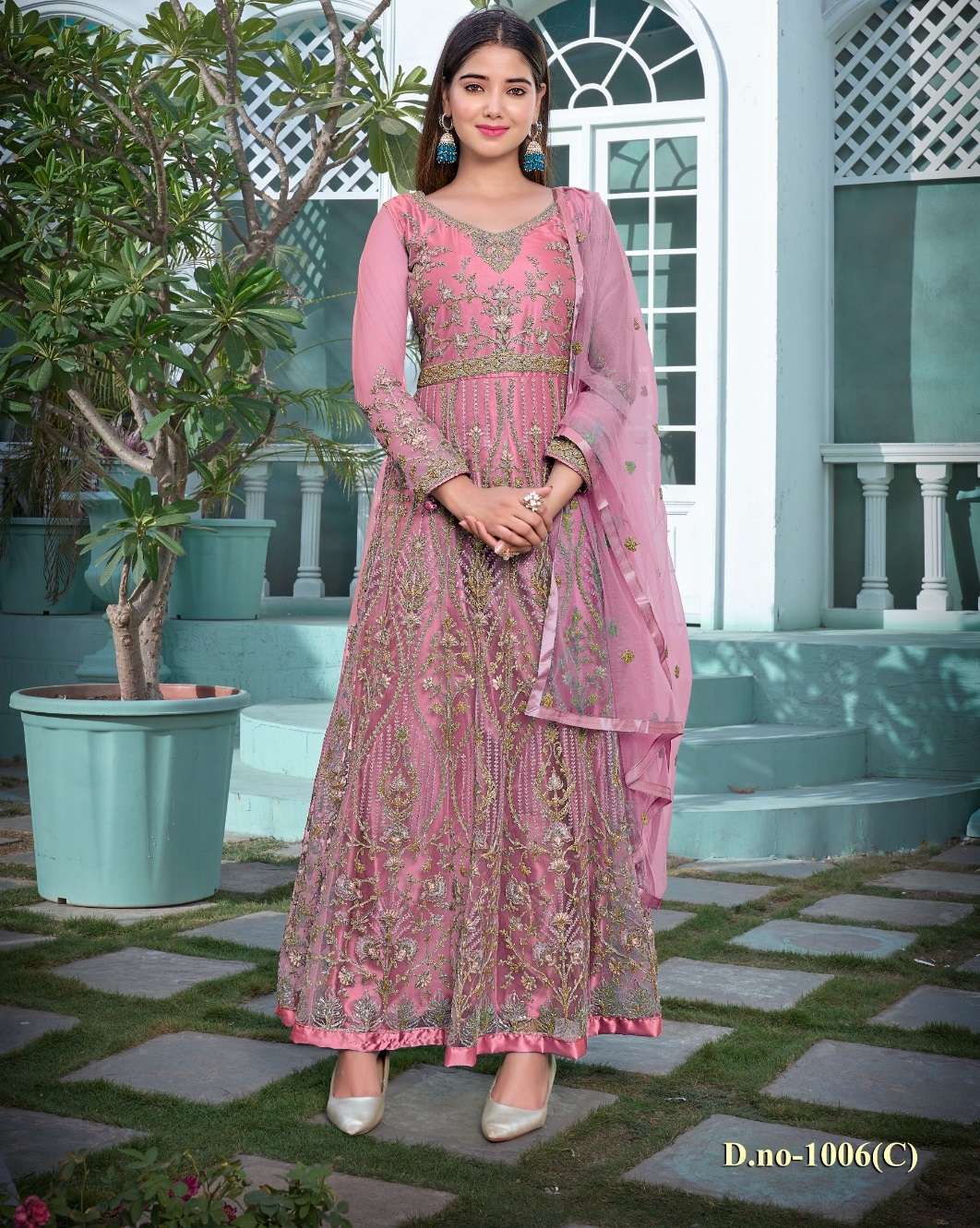 DESIGNER FANCY LONG PINK ANARKALI GOWN SALWAR SUIT FOR WEDDING PARTY WEAR IN BUTTERFLY NET FABRIC SABAH AFSANA 1006D