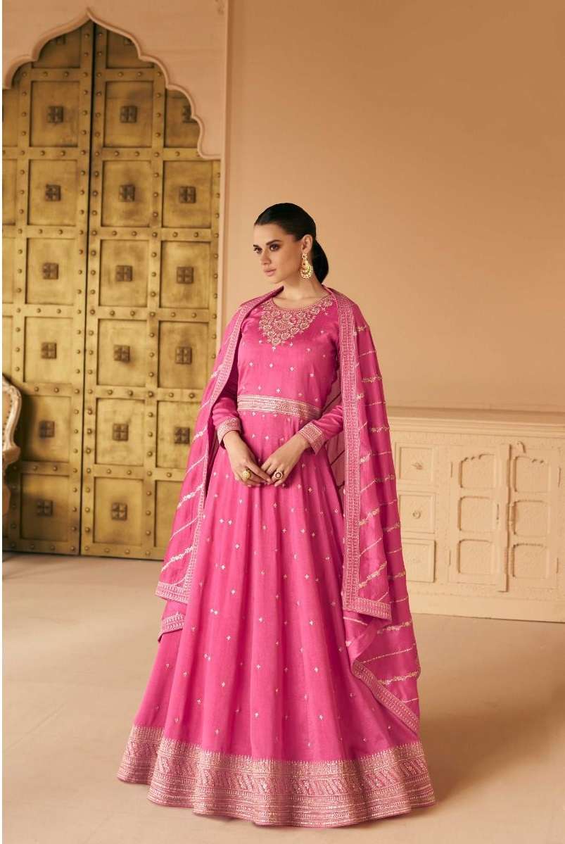 DESIGNER FANCY LONG PINK ANARKALI PREMIUM SILK SALWAR SUIT GOWN EXCLUSIVE FOR PARTY WEAR AF SAFAR 9639