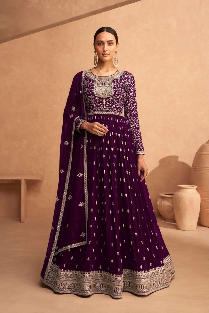 DESIGNER FANCY LONG PURPLE WINE ANARKALI GEORGETTE SALWAR SUIT GOWN EXCLUSIVE FOR PARTY WEAR JG 9486B