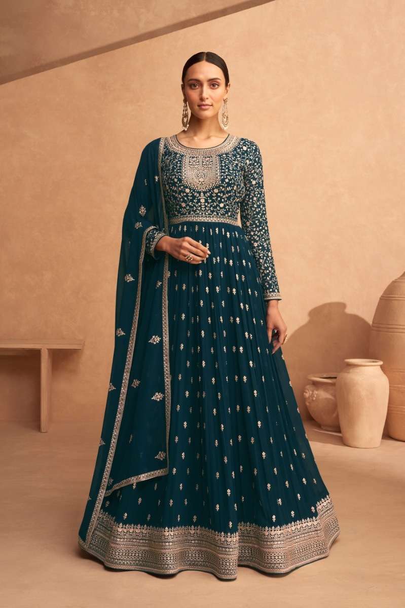 DESIGNER FANCY LONG RAMA BLUE ANARKALI GEORGETTE SALWAR SUIT GOWN EXCLUSIVE FOR PARTY WEAR JG 9486A