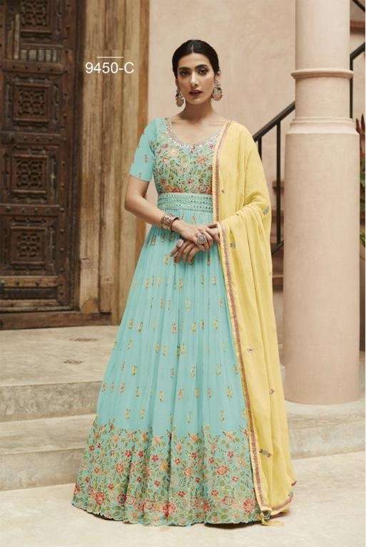 DESIGNER FANCY LONG SKY BLUE ANARKALI GEORGETTE SALWAR SUIT GOWN EXCLUSIVE FOR PARTY WEAR JG 9450C