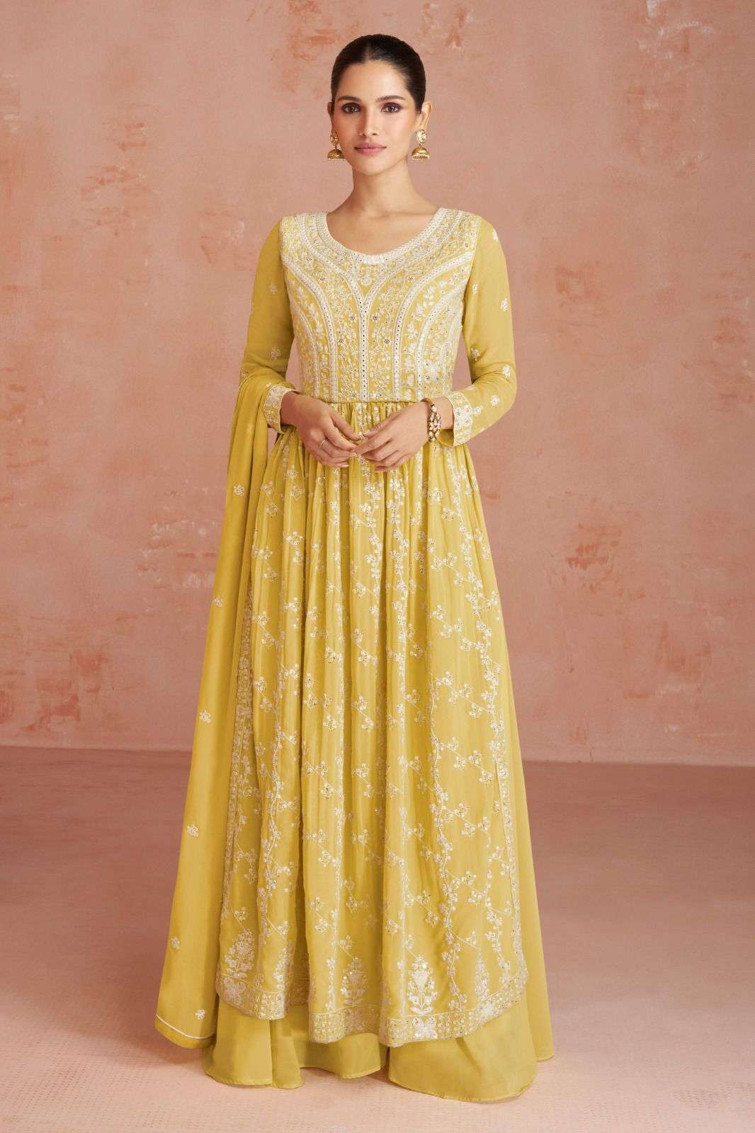 DESIGNER FANCY LONG YELLOW ANARKALI GEORGETTE SILK SALWAR SUIT GOWN EXCLUSIVE FOR PARTY WEAR AF INAYA 9622