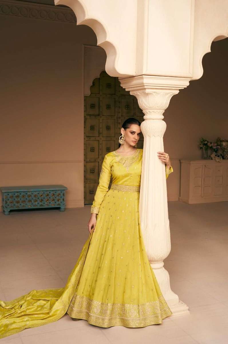 DESIGNER FANCY LONG YELLOW ANARKALI PREMIUM SILK SALWAR SUIT GOWN EXCLUSIVE FOR PARTY WEAR AF SAFAR 9638