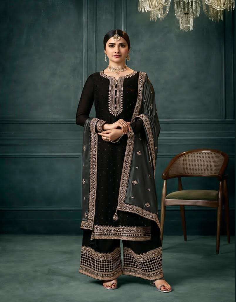 DESIGNER FANCY PARTY WEAR BLACK GEORGETTE SILK STRAIGHT SALWAR SUIT WITH PLAZZO RH 63876