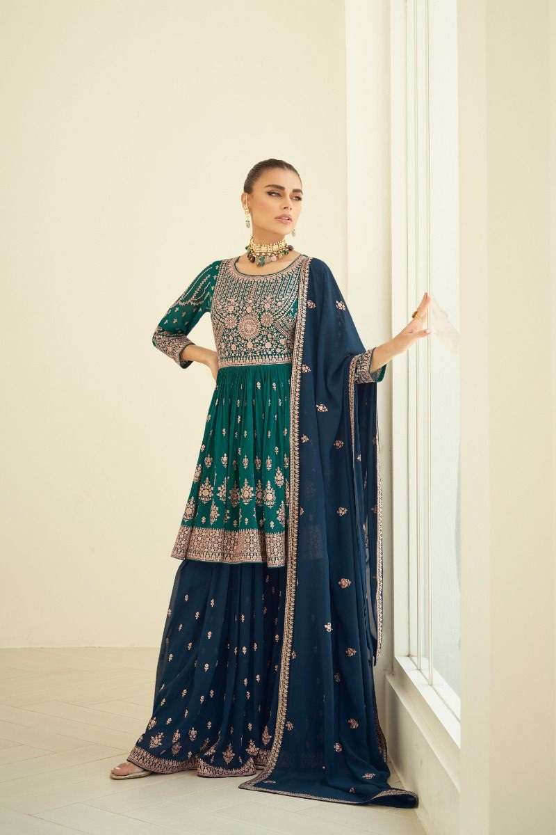 DESIGNER FANCY PARTY WEAR BLUE SHARARA PALAZZO REAL GEORGETTE SALWAR SUIT AF SOMYA 9662