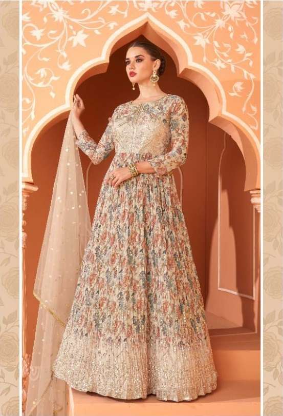 DESIGNER FANCY PARTY WEAR CHIKU ANARKALI REAL GEORGETTE SALWAR SUIT AF SAHELI 5268