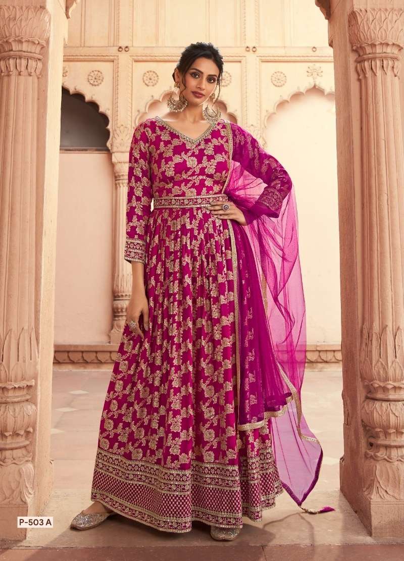 DESIGNER FANCY PARTY WEAR DOLA JACQUARD SILK LONG RANI PINK ANARKALI GOWN SALWAR SUIT RH NITYA PREM 503A