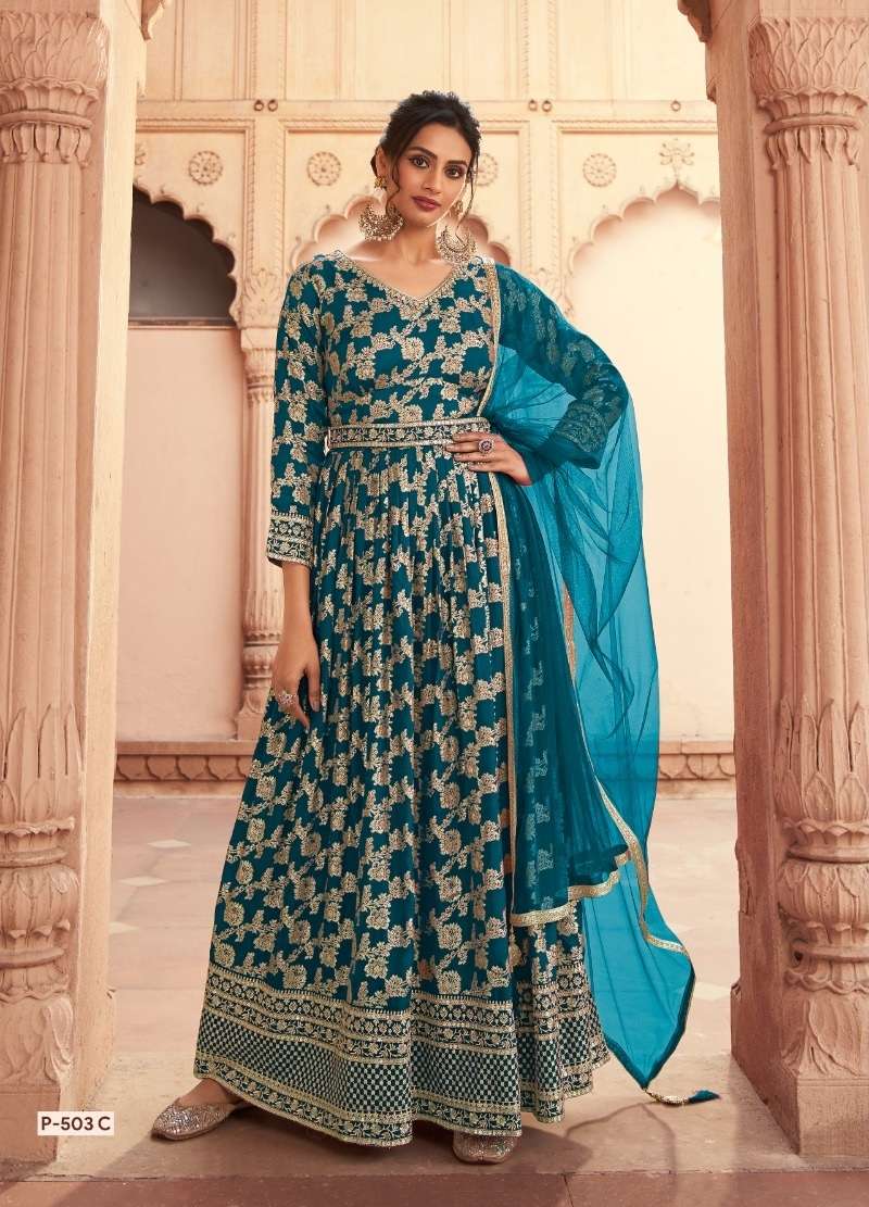 DESIGNER FANCY PARTY WEAR DOLA JACQUARD SILK LONG BLUE ANARKALI GOWN SALWAR SUIT RH NITYA PREM 503B