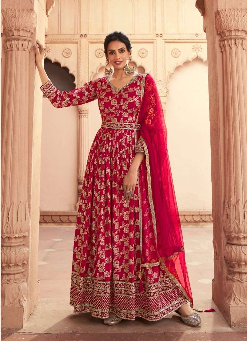 DESIGNER FANCY PARTY WEAR DOLA JACQUARD SILK LONG RED ANARKALI GOWN SALWAR SUIT RH NITYA PREM 503C