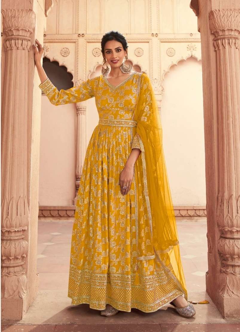 DESIGNER FANCY PARTY WEAR DOLA JACQUARD SILK LONG YELLOW ANARKALI GOWN SALWAR SUIT RH NITYA PREM 503D