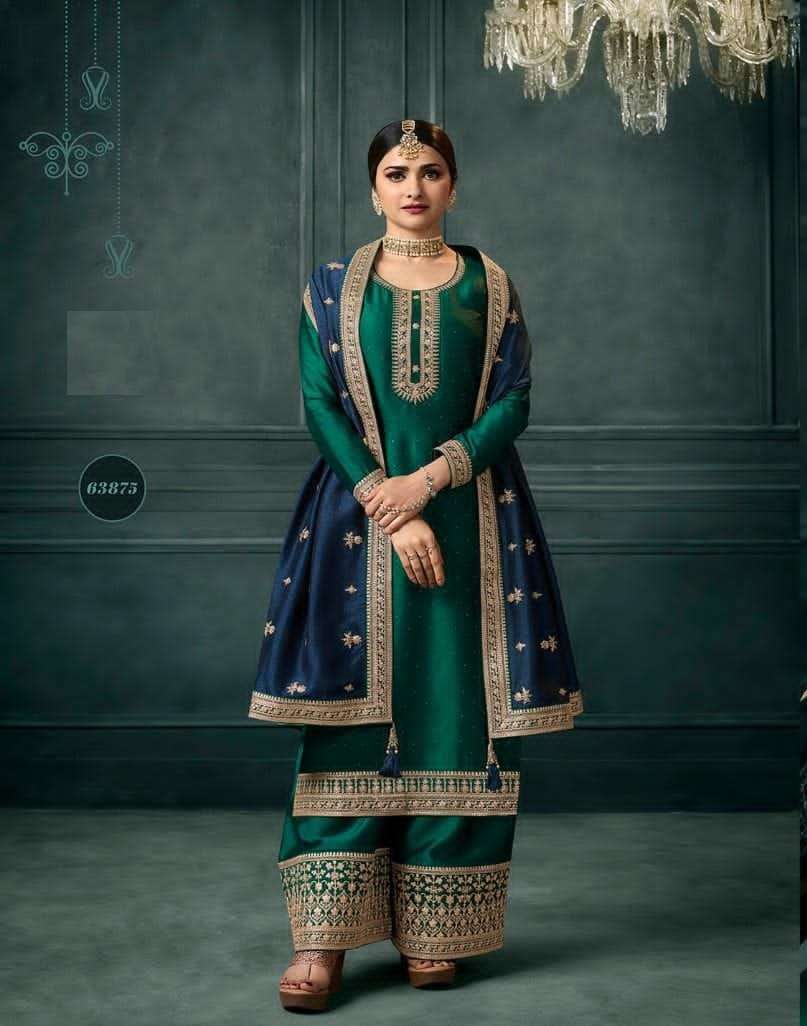 DESIGNER FANCY PARTY WEAR GREEN GEORGETTE SILK STRAIGHT SALWAR SUIT WITH PLAZZO RH 63875