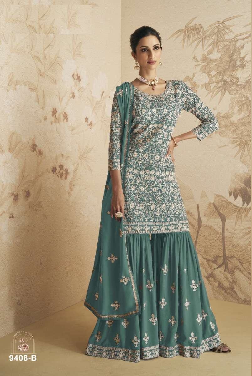 DESIGNER FANCY PARTY WEAR GREEN SHARARA PALAZZO GEORGETTE SALWAR SUIT CPR 9408B