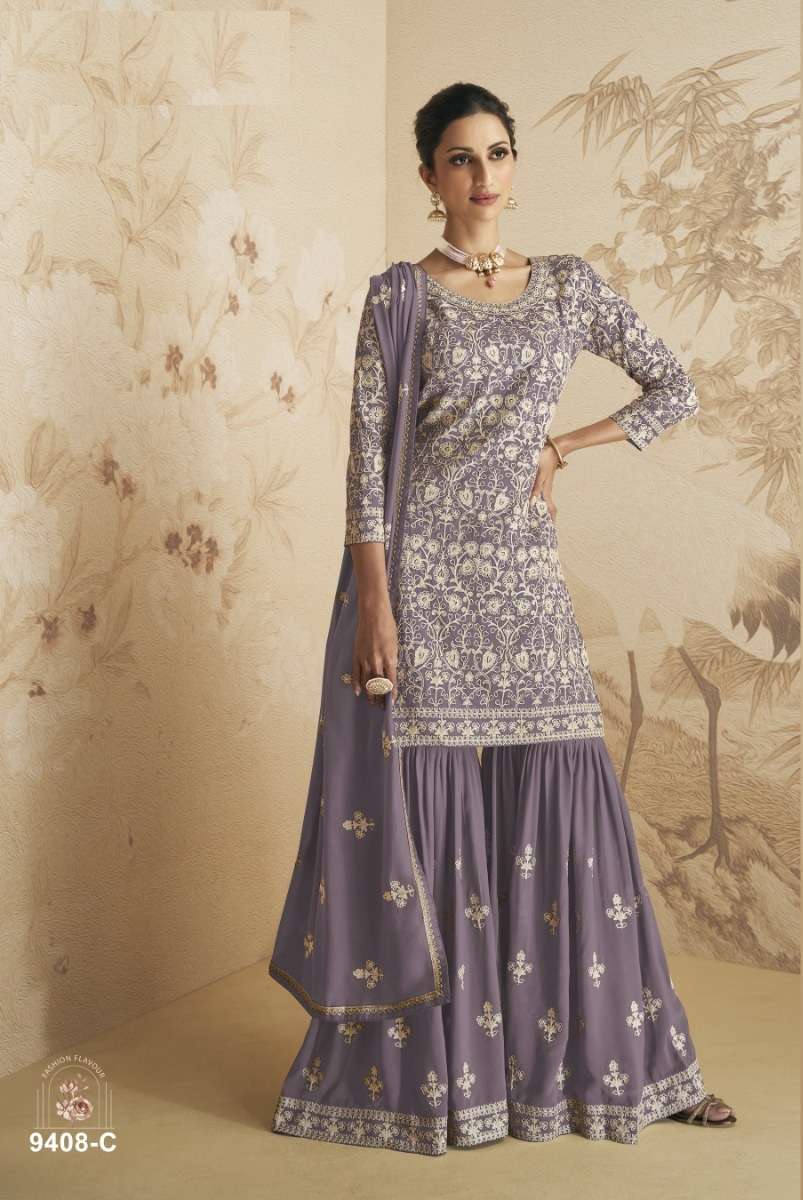 DESIGNER FANCY PARTY WEAR LAVENDER SHARARA PALAZZO GEORGETTE SALWAR SUIT CPR 9408C