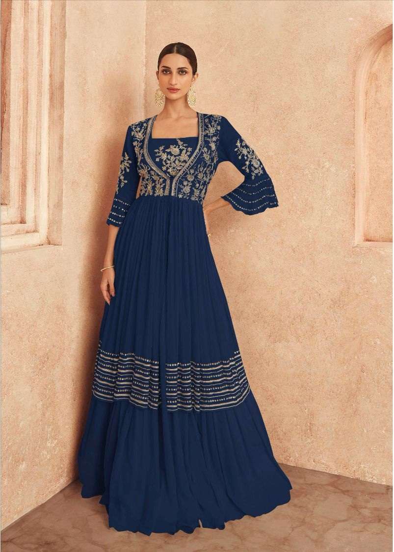 DESIGNER FANCY PARTY WEAR LONG BLUE ANARKALI SALWAR SUIT GOWN IN GEORGETTE SAYURI THREADS 5227E