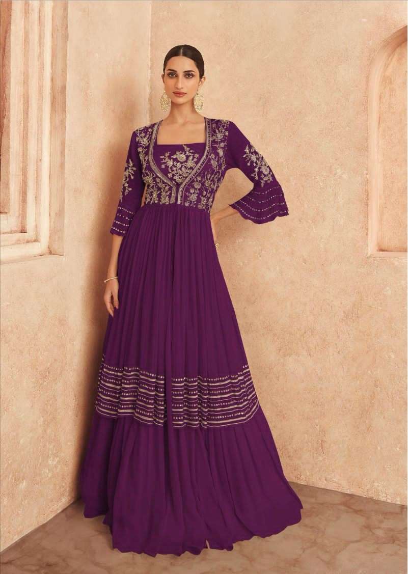 DESIGNER FANCY PARTY WEAR LONG PURPLE ANARKALI SALWAR SUIT GOWN IN GEORGETTE SAYURI THREADS 5227A