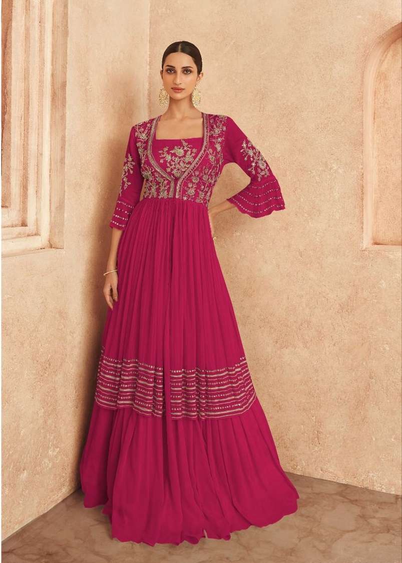 DESIGNER FANCY PARTY WEAR LONG RANI PINK ANARKALI SALWAR SUIT GOWN IN GEORGETTE SAYURI THREADS 5227D