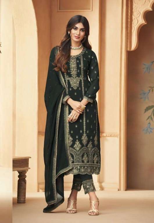 DESIGNER FANCY PARTY WEAR LONG STRAIGHT GEORGETTE DARK GREEN SALWAR SUIT JG MOHINI 96005A