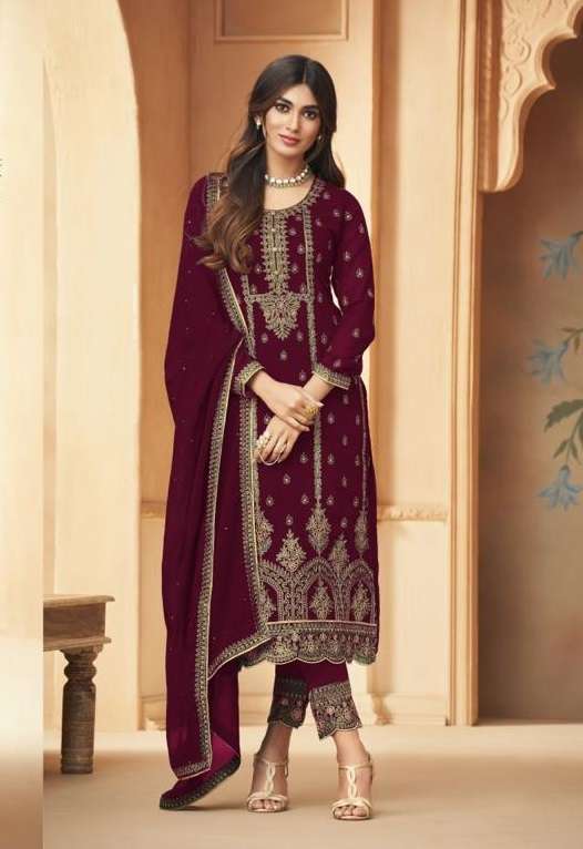 DESIGNER FANCY PARTY WEAR LONG STRAIGHT GEORGETTE MAROON SALWAR SUIT JG MOHINI 96005B