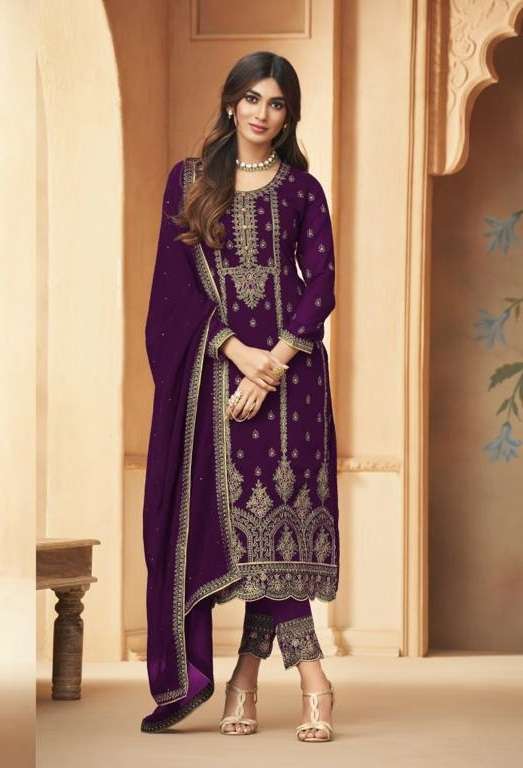 DESIGNER FANCY PARTY WEAR LONG STRAIGHT GEORGETTE PURPLE SALWAR SUIT JG MOHINI 96005D