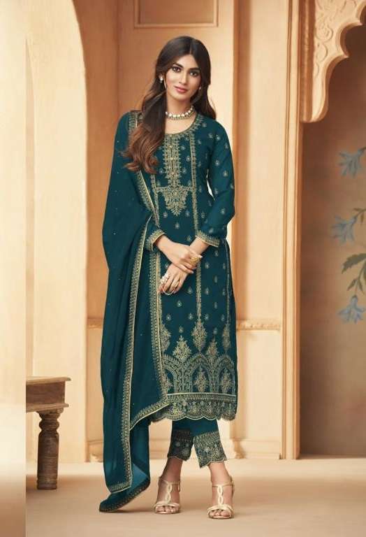 DESIGNER FANCY PARTY WEAR LONG STRAIGHT GEORGETTE RAMA GREEN SALWAR SUIT JG MOHINI 96005