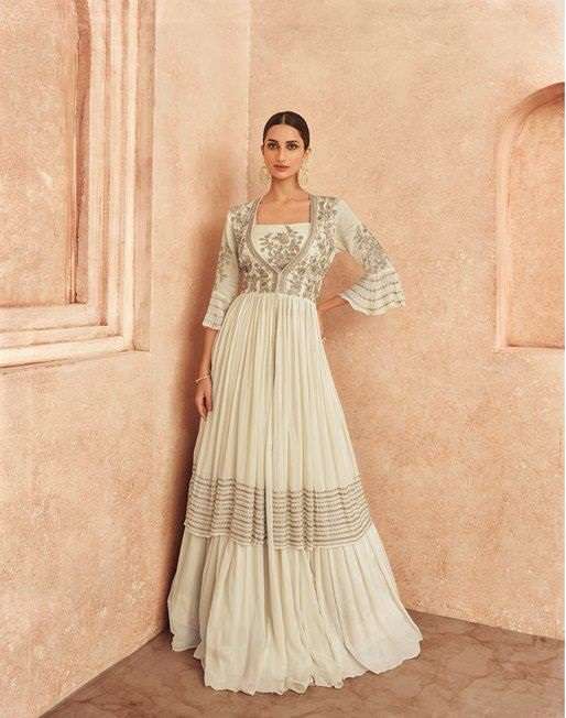 DESIGNER FANCY PARTY WEAR LONG WHITE ANARKALI SALWAR SUIT GOWN IN GEORGETTE SAYURI THREADS 5227W