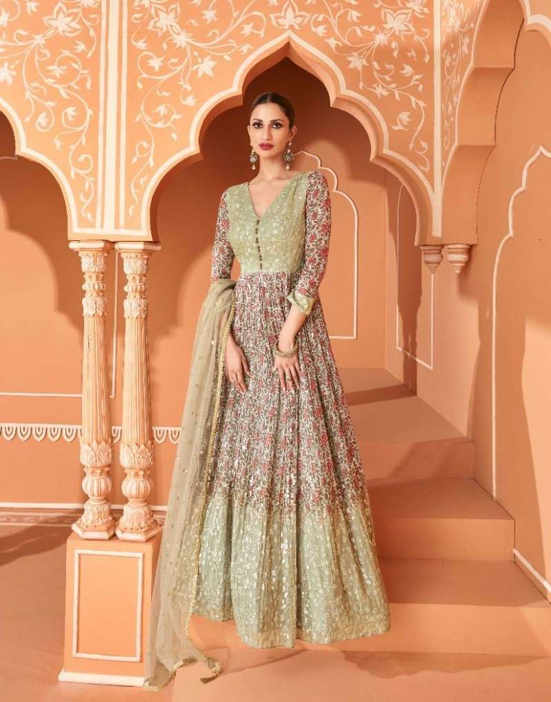 DESIGNER FANCY PARTY WEAR PISTA ANARKALI REAL GEORGETTE SALWAR SUIT AF SAHELI 5267