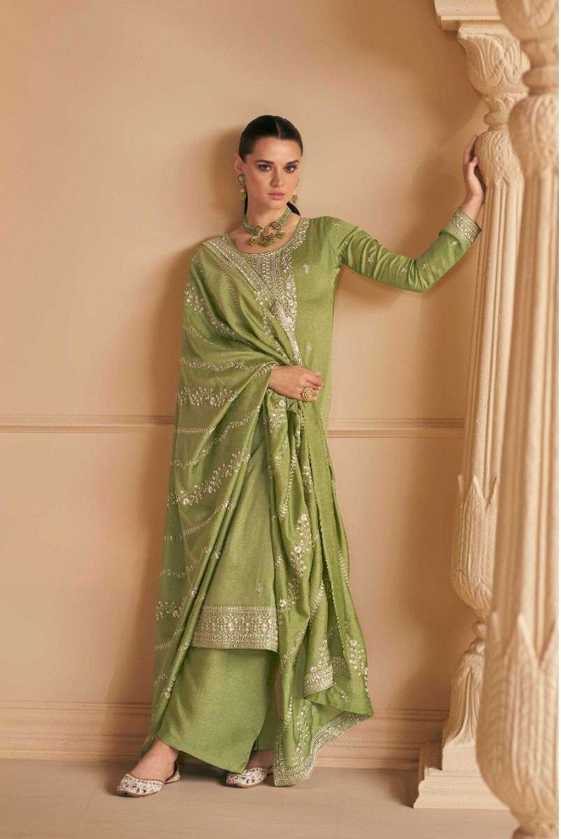 DESIGNER FANCY PARTY WEAR PISTA GREEN PREMIUM SILK STRAIGHT SALWAR SUIT AF FALAK 9653