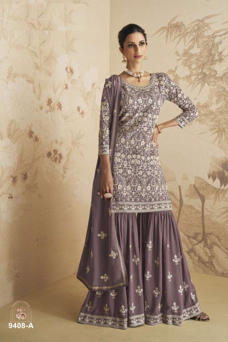 DESIGNER FANCY PARTY WEAR PURPLE SHARARA PALAZZO GEORGETTE SALWAR SUIT CPR 9408A