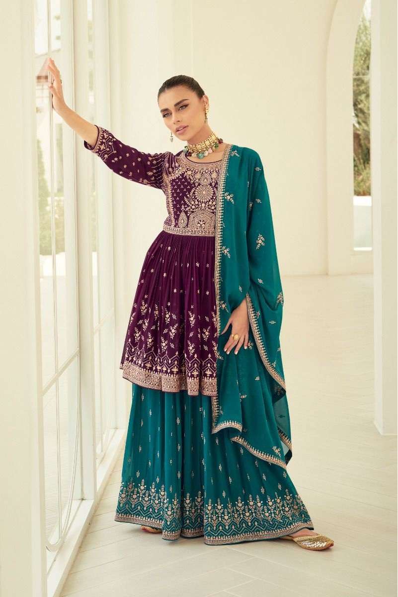 DESIGNER FANCY PARTY WEAR PURPLE SHARARA PALAZZO REAL GEORGETTE SALWAR SUIT AF SOMYA 9663