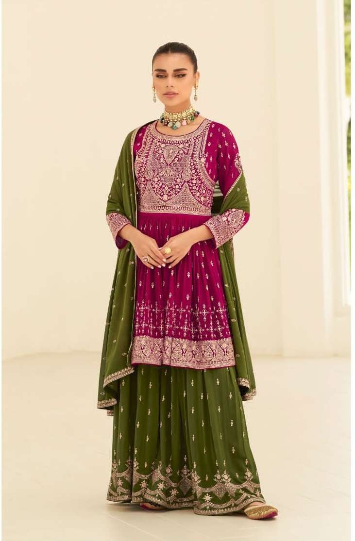 DESIGNER FANCY PARTY WEAR RANI PINK SHARARA PALAZZO REAL GEORGETTE SALWAR SUIT AF SOMYA 9659