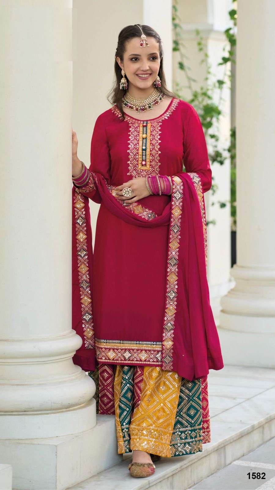 DESIGNER FANCY PARTY WEAR RED SHARARA PALAZZO CHINON SALWAR SUIT EB SAFRON 1582