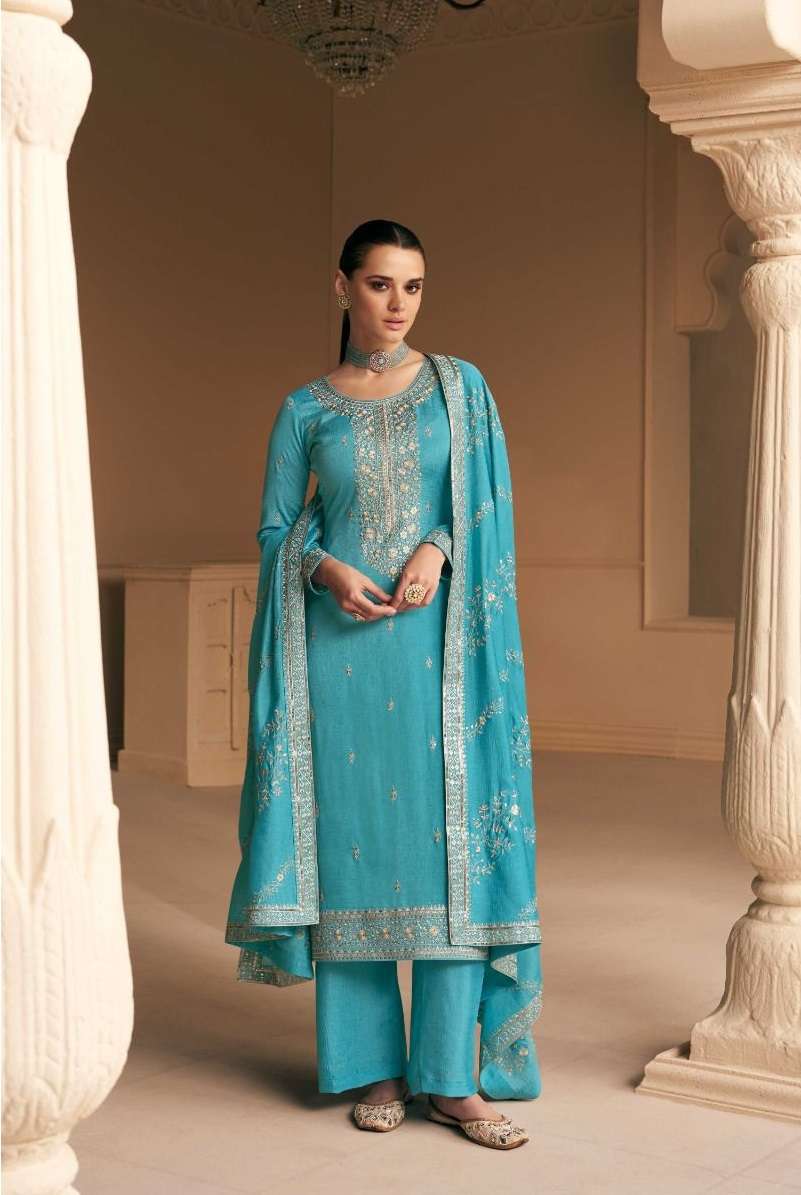 DESIGNER FANCY PARTY WEAR SKY BLUE PREMIUM SILK STRAIGHT SALWAR SUIT AF FALAK 9651