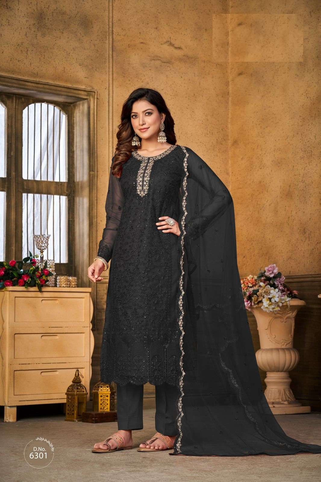 DESIGNER FANCY PARTY WEAR STRAIGHT BLACK NET SALWAR SUIT COLLECTION ANAYA 6301