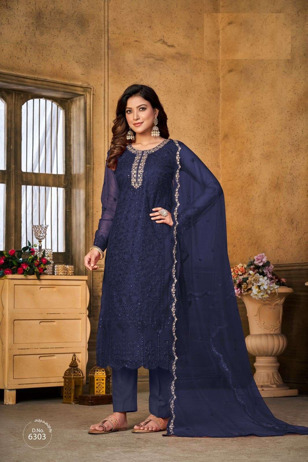 DESIGNER FANCY PARTY WEAR STRAIGHT BLUE NET SALWAR SUIT COLLECTION ANAYA 6303