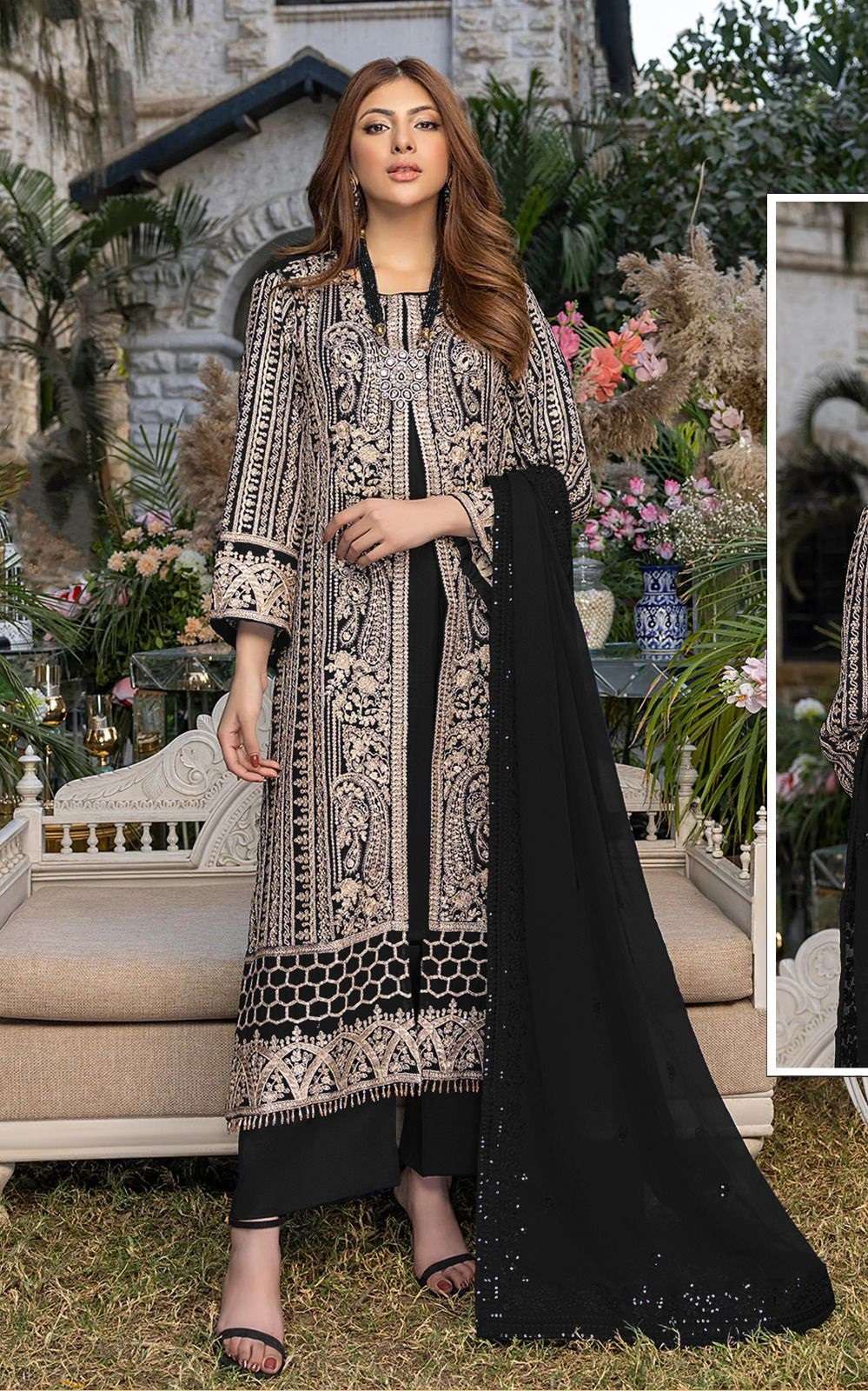 DESIGNER FANCY PARTY WEAR STRAIGHT GEORGETTE BLACK PAKISATNI SALWAR SUIT JG 14786D