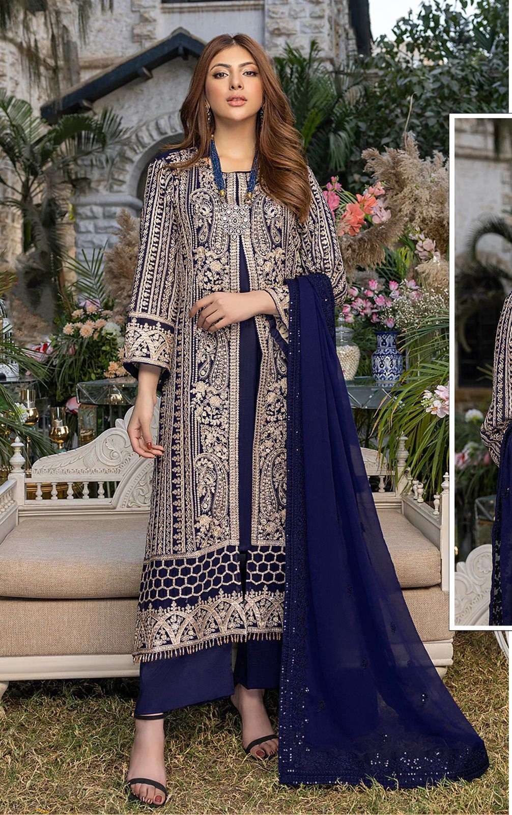 DESIGNER FANCY PARTY WEAR STRAIGHT GEORGETTE BLUE PAKISATNI SALWAR SUIT JG 14786A